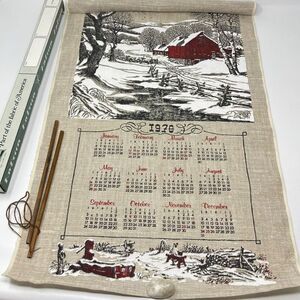 Kay Dee Hand Prints 100% Linen Fabric Hanging Calendar 1970 Snowy Barn